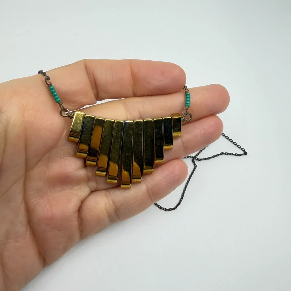 Unique Gold Tone Bar Fan Pendant Necklace Boho Layering Statement Piece Jewelry